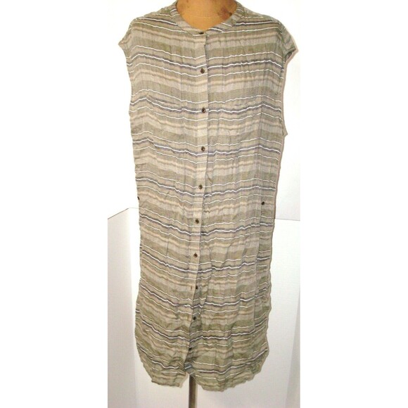 New Womens NWT PrAna M Buenos Dias Dress Buttons Cargo Green Brown Organic Strip - Picture 2 of 8
